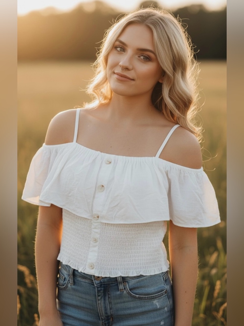 wild fable White Off-Shoulder Ruffle Button-Front Top